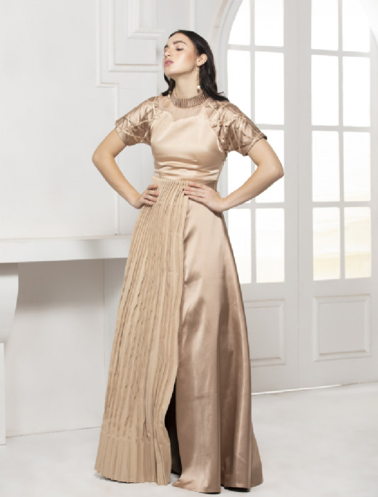 BEIGE MONOTONE ORGANZA YOKE GOWN WITH PINTUCK AND SATIN TEXTILE SLEEVE DETAIL