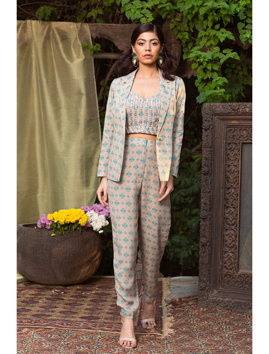 Grey And Teal Printed Pant Suit