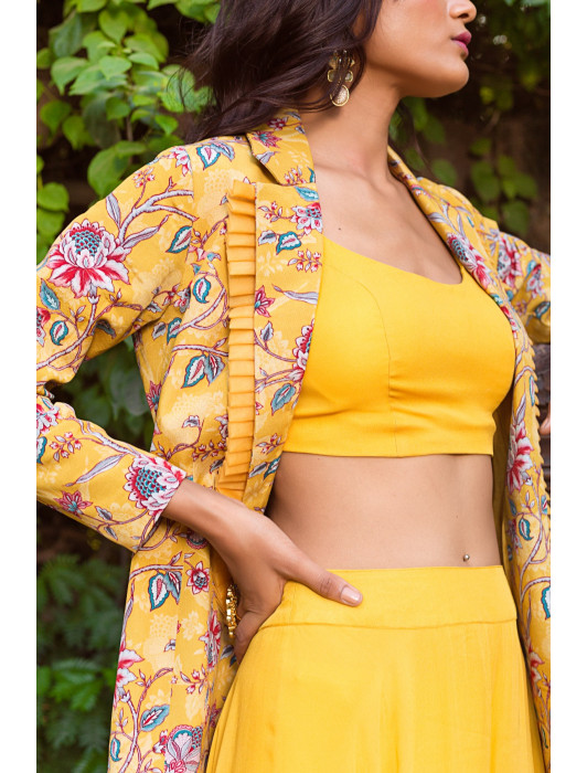 Yellow Printed Jacket With Palazzo and Crop Top