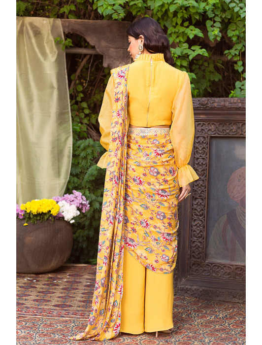Yellow Organza Crop Top With Pant Saree And Embroidered Belt