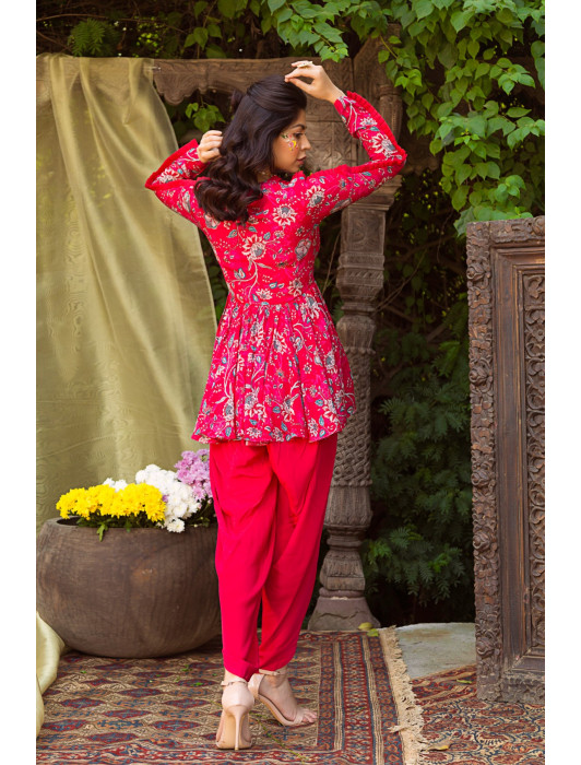 Red Printed Tunic With Dhoti