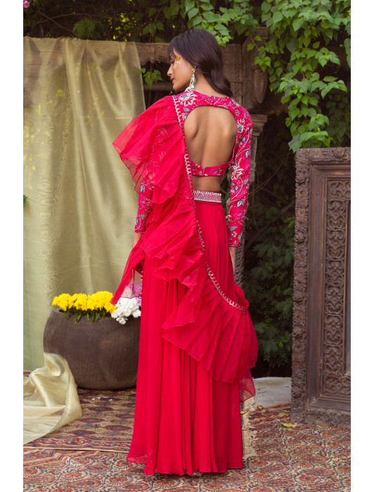Red Printed Blouse With Palazzo And Pleated Dupatta