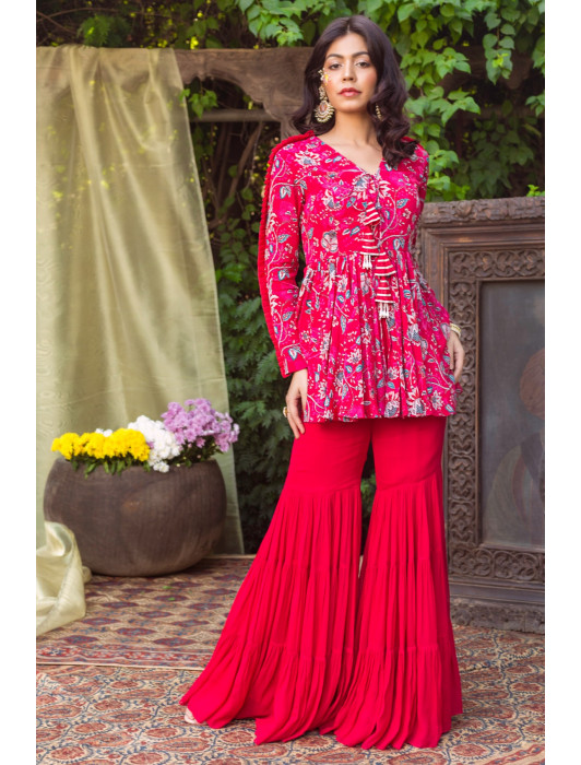 Red Printed Tunic With Sharara